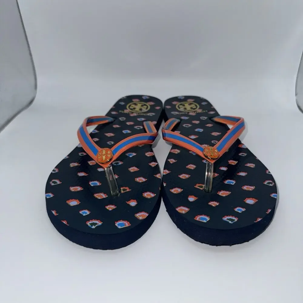 Tory Burch Navy Orange Blue Printed Logo Flip Flops Women’s Sandals